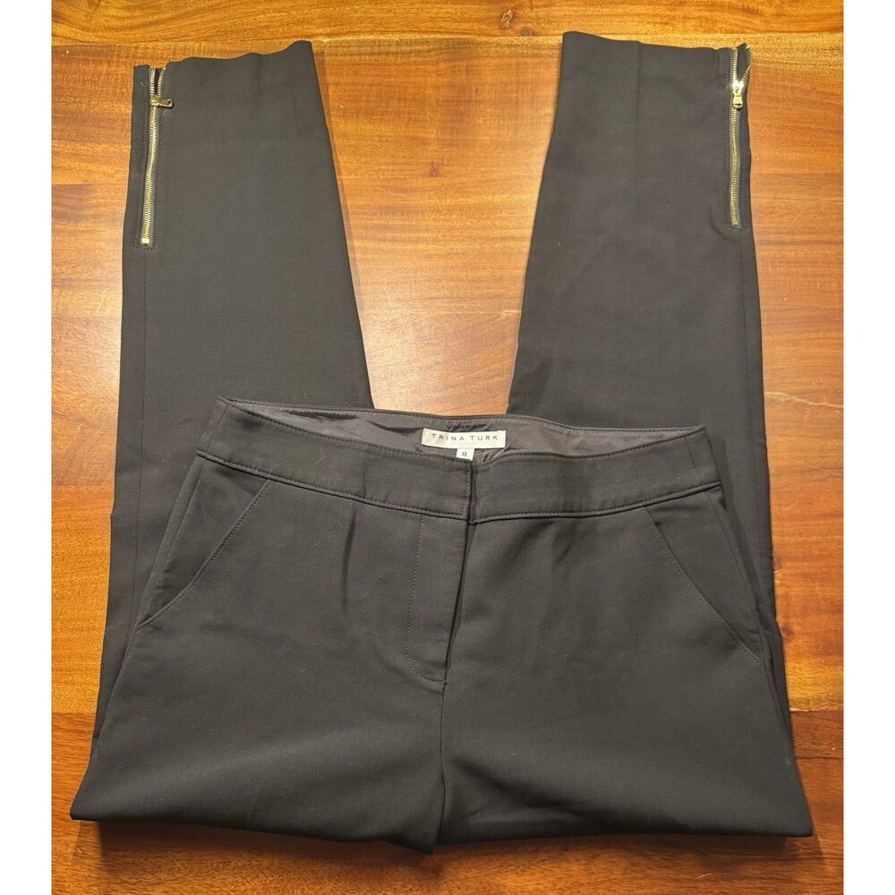 Trina Turk Elrita Pants Women’s Size 8 Black Ankle Slim Gold Zipper Stretch